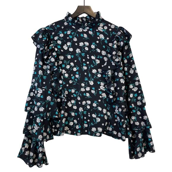 Missguided Tops - NWT Missguided Size 12 Floral Frill Detail Blouse Black Blue Mock Neck